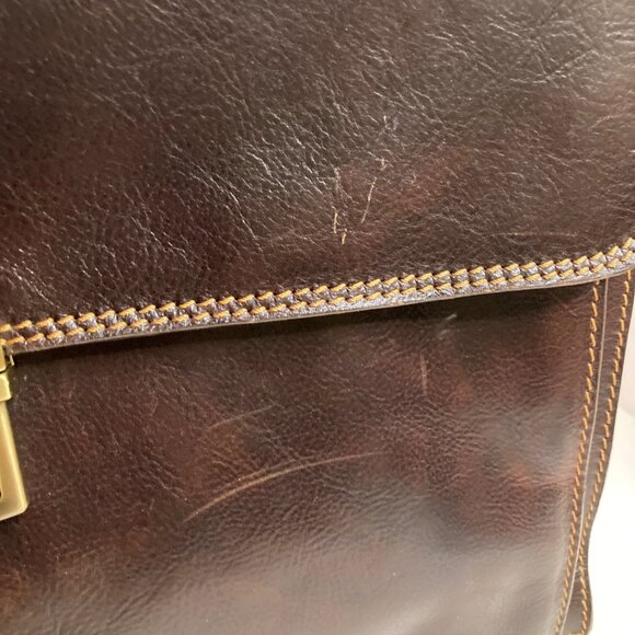 Mens Vintage Italian Leather Briefcase Attache Case Dark Brown 13 x17" Flaw - Picture 3 of 11